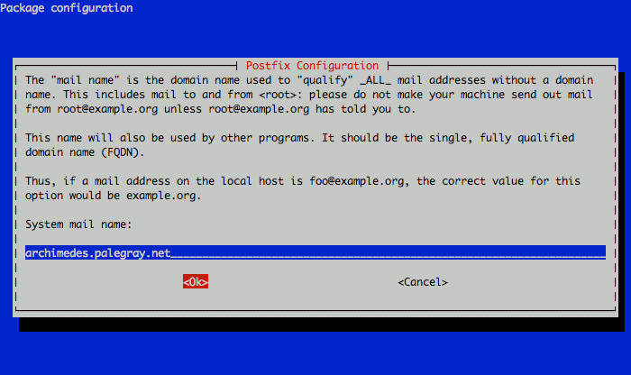 Selecting the Postfix system mail name on a Debian 5.0 (Lenny) system.