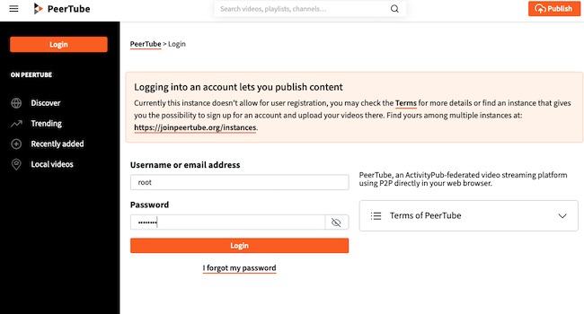 The PeerTube Login Page